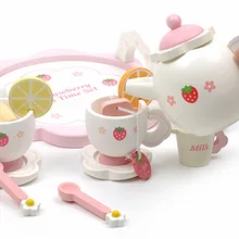 Деревянная клубника послеобеденный чай детский дом чайный набор ролевые игры розовый сладкий клубника ролевые игры родитель-ребенок игры