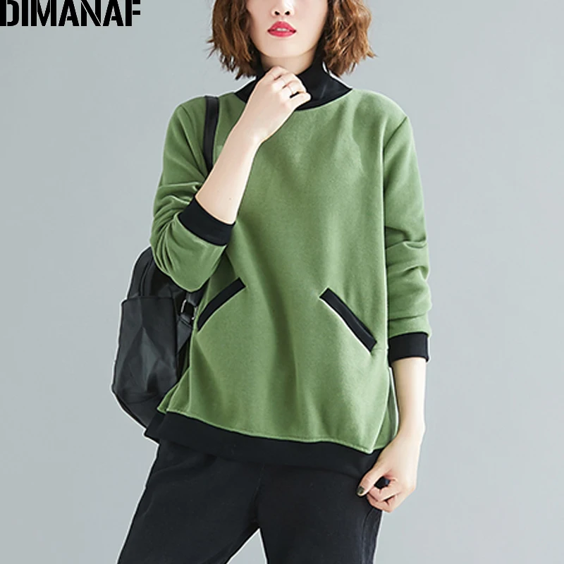 XXJ6110-lu DIMANAF размера плюс, женские толстовки, свитшоты, хлопок, Think Lady, топы, пуловер, водолазка, Весенняя женская Свободная однотонная повседневная одежда - Цвет: XXJ6110-lu