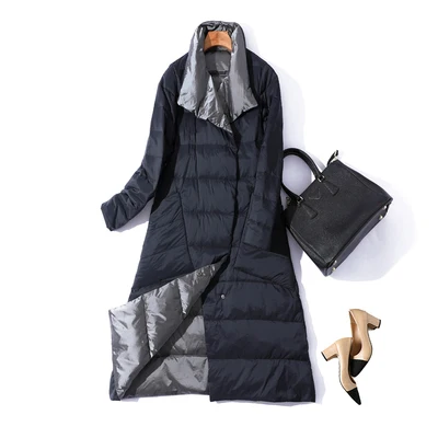 Winter New Two Side Wearable Down Coat Women White Duck Down Jacket Stand Collar Long Parka Plus Size Outwear Ladies Cothes - Цвет: Black