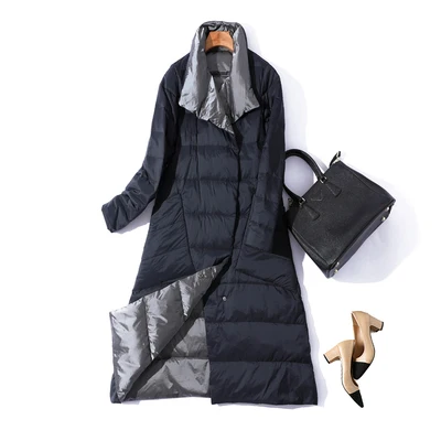 Black Winter New Two Side Wearable Down Coat Women White Duck Down Jacket Stand Collar Long Parka Plus Size Outwear Ladies Cothes - Цвет: Black