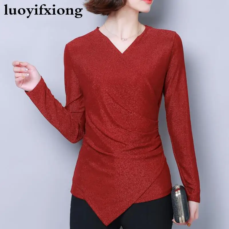 

Fashion Bright Silk Irregular Hem Lace Blouse Women Shirts Long Sleeve Cross V-neck Blouse Women Tops Plus Size Kimono Blusas