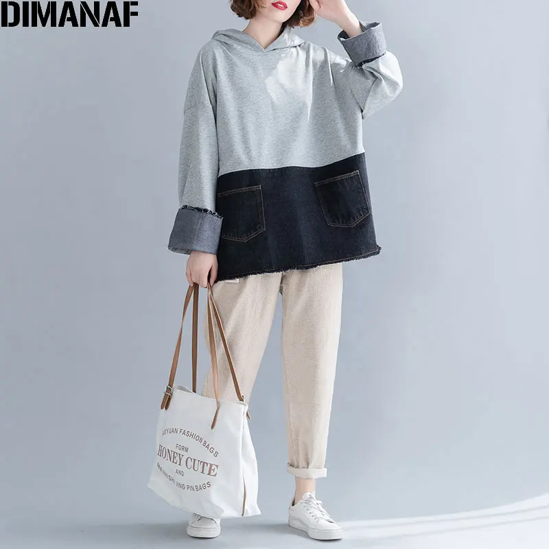 Tao8723-hui DIMANAF зима осень негабаритных женские толстовки хлопок джинсовая шлифовка карманы женские пуловеры Топы Свободные повседневные с капюшоном - Цвет: Tao8723-hui