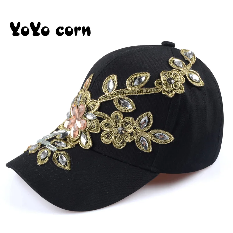 YOYOCORN бейсбольная кепка с цветком, парусиновая Кепка Snapback s для женщин, женская кепка, Высококачественная джинсовая кепка со стразами - Цвет: black