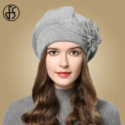 Women's Floral Wool Beret - Cozy Winter Knitted Hat with Fur Pompom for 55 - 60cm (Gray Berets)