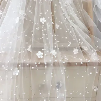 

off white bridal tulle lace fabric with pearls, bead and 3D flower mesh lace fabric,