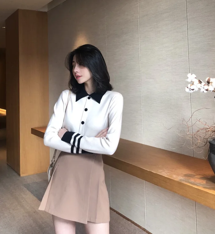 Autumn/winter Sweaters Stripe Long Sleeve Knit Cardigan Casual White Black Khaki Slim Sweater Women's Sweater Bottom Top Female