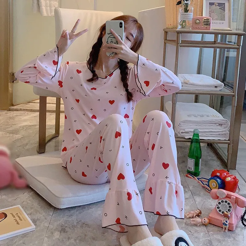Kawaii, 2 шт., женская пижама, комплект, милый рисунок морковки, повседневные топы, штаны, домашняя одежда для сна с длинным рукавом, Pijama Mujer - Цвет: D