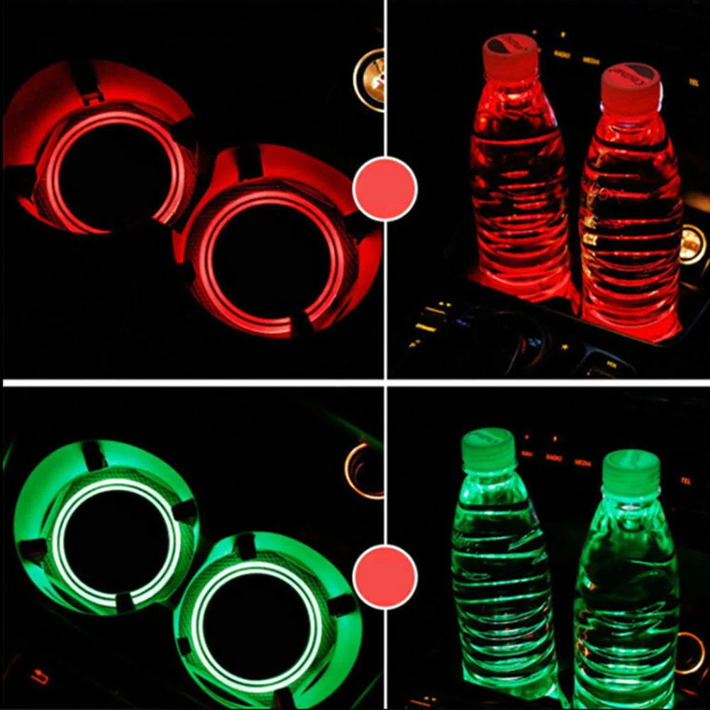 2Pcs Solar Power LED Light Round Cup Mat Pad Coasters Car Interior Decoration