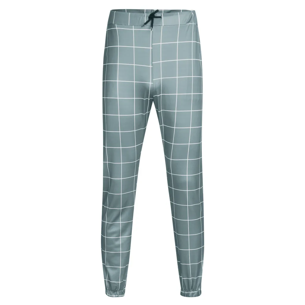 Fashion Men Casual Plaid Print Drawstring Elastic Waist Long Pants Trousers
