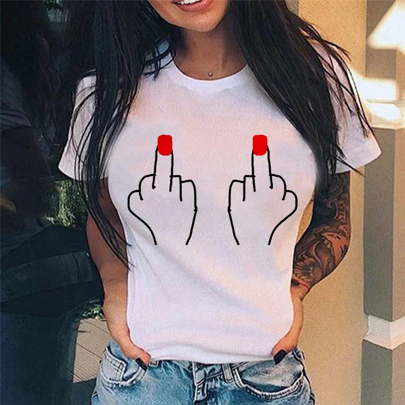 Summer New Fashion Middle Finger Chest  Graphic Printed  Round Neck  T Shirt  Casual Simple Women Tee Tops off white t shirt