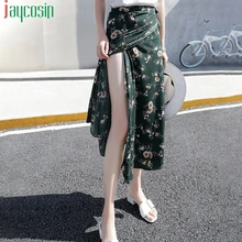 Длинная Повседневная пляжная Женская юбка, дышащая, с цветочным принтом, с разрезом, эластичная лента, Женская юбка размера плюс, свободные, с высокой талией, вечерние юбки