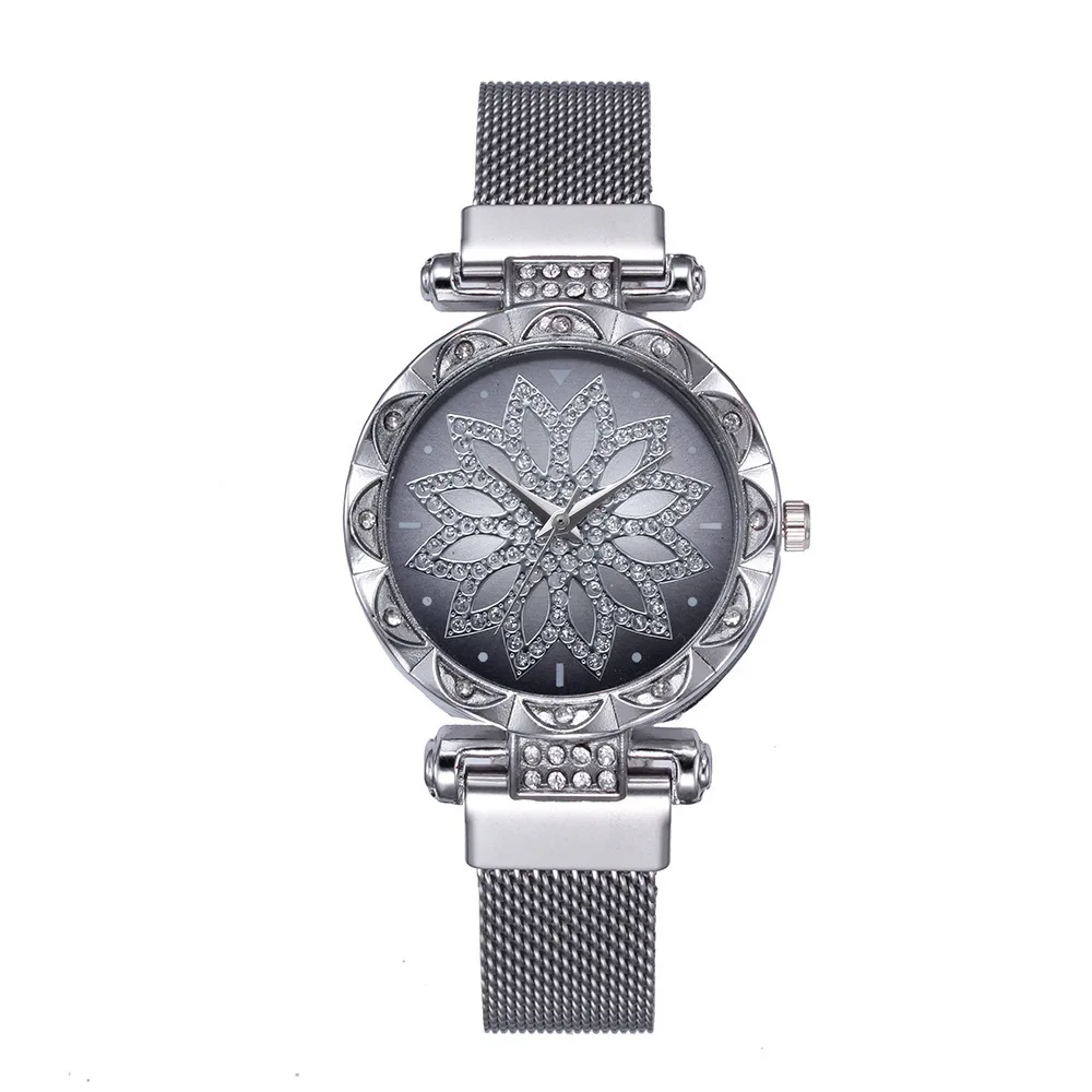 Роскошные женские часы Нержавеющая сталь Кварцевые наручные часы для Для женщин Магнитный звездное небо Алмазный Часы Reloj Mujer - Цвет: Silver