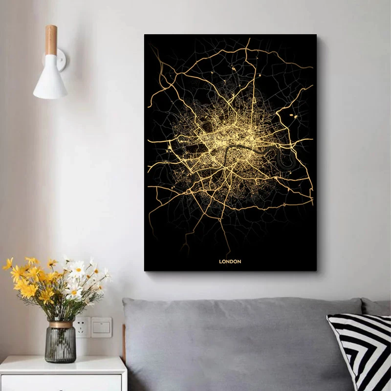 

London City Map Art Poster Golden Glowing Abstract Print Black Gold Map Canvas Painting Used for Room Decoration Mural Wall Art