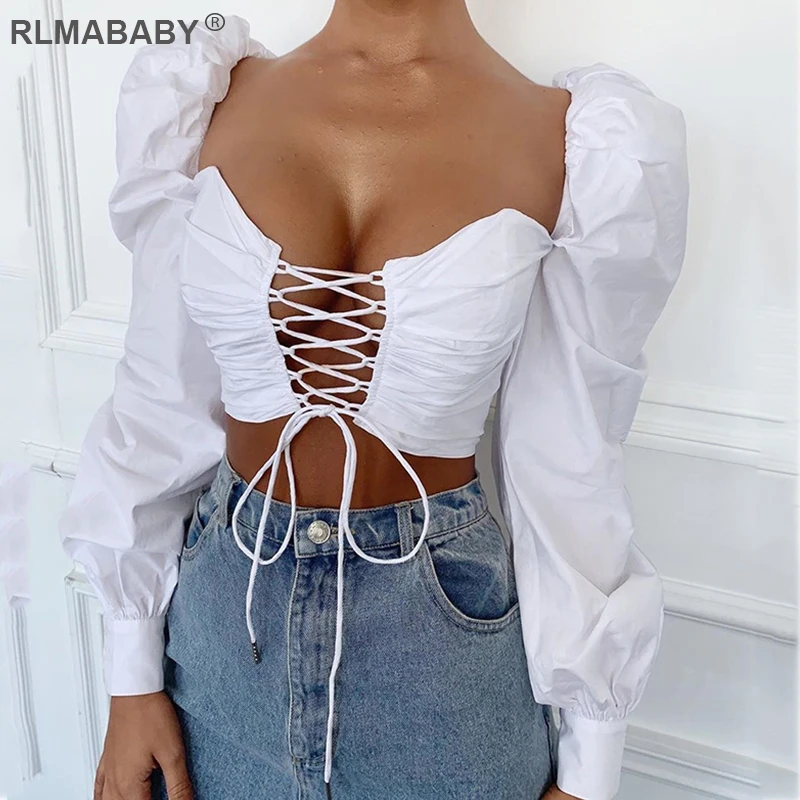 

RLMABABY Autumn Strapless Puff Sleeve White Tshirts U Neck Ruched Bandage Women Cropped Tops Hollow Out Tie Up Casual Tee Shirt