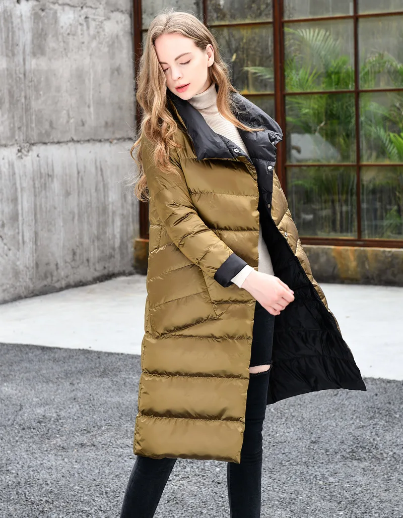 Легкое двустороннее женское пуховое пальто, парка, теплая зимняя куртка на утином пуху, женская верхняя одежда средней длины, синие/зеленые/белые тонкие куртки