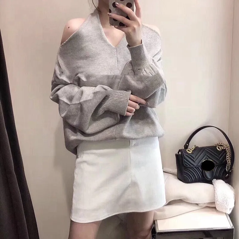 gray women sweater Кашемировый женский свитер, короткий длинный рукав-фонарик, Однотонный свитер для женщин, пуловер, Зимние Повседневные вязаные свитера для девушек - Цвет: gray women sweater