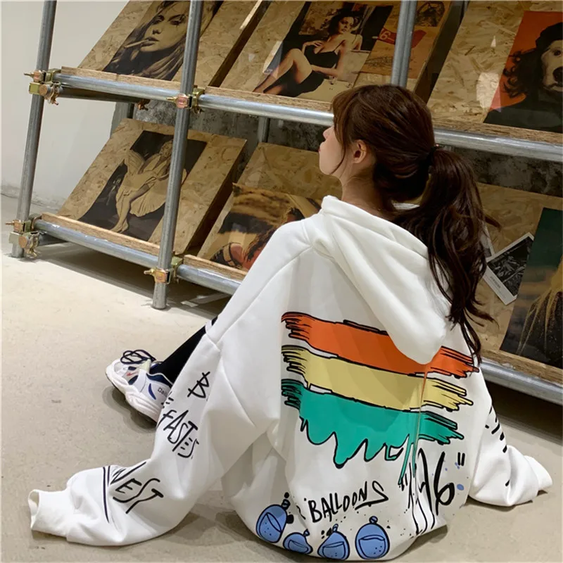 sudaderas blancas sueltas de manga larga de otouno con estampado de dibujos animados Harajuku con capucha ropa de calle Kwai