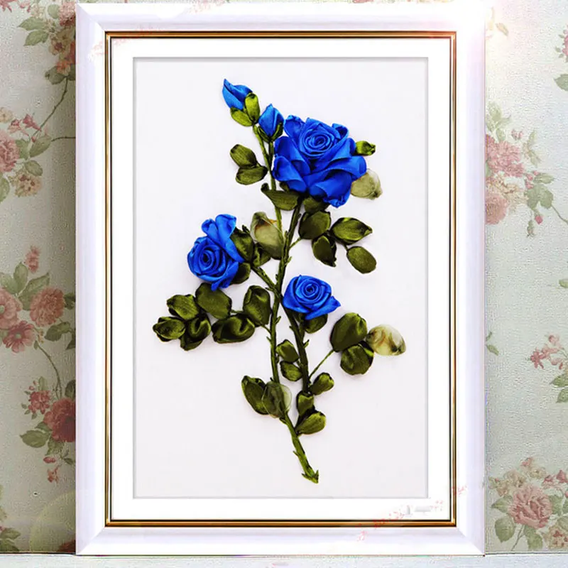 3D Rose Romantic Silk Ribbon Flowers Vase Cross Stitch Kit Needlework Embroidery Painting Craft Wall Stickers Home Decoration - Цвет: Blue Rose