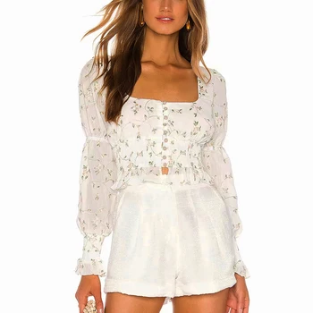 

GypsyLady White Floral Blouse Shirt Embroidered Long Sleeve Blouses Autumn Smocked Waist Front Loop Button Crop Top Women Shirt