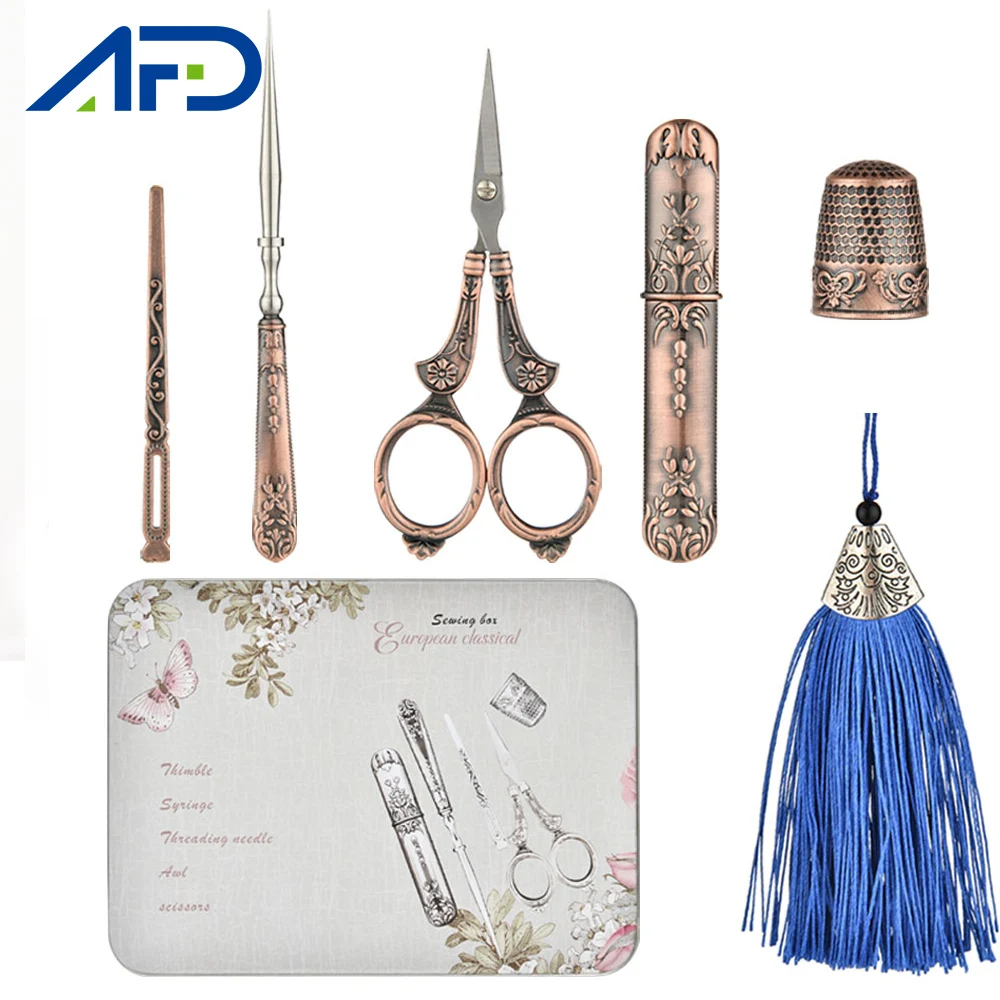 6Pcs Sewing Tool Set Vintage Scissors Needle Bottle Thimble Sewing Kits For Needlework with Iron Storage Box Gifts for Children