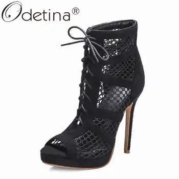 

Odetina Women Fashion Stiletto Extreme High Heel Summer Boots Ladies Retro Breathable Cross-tied Air Mesh Peep Toe Ankle Bootes