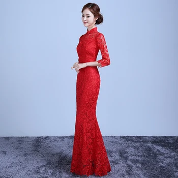 

Elegant Lace Fishtail Qipao Female Sexy Chinese Style Evening Party Dress Vintage Long Cheongsam Novelty Slim Robe De Soiree