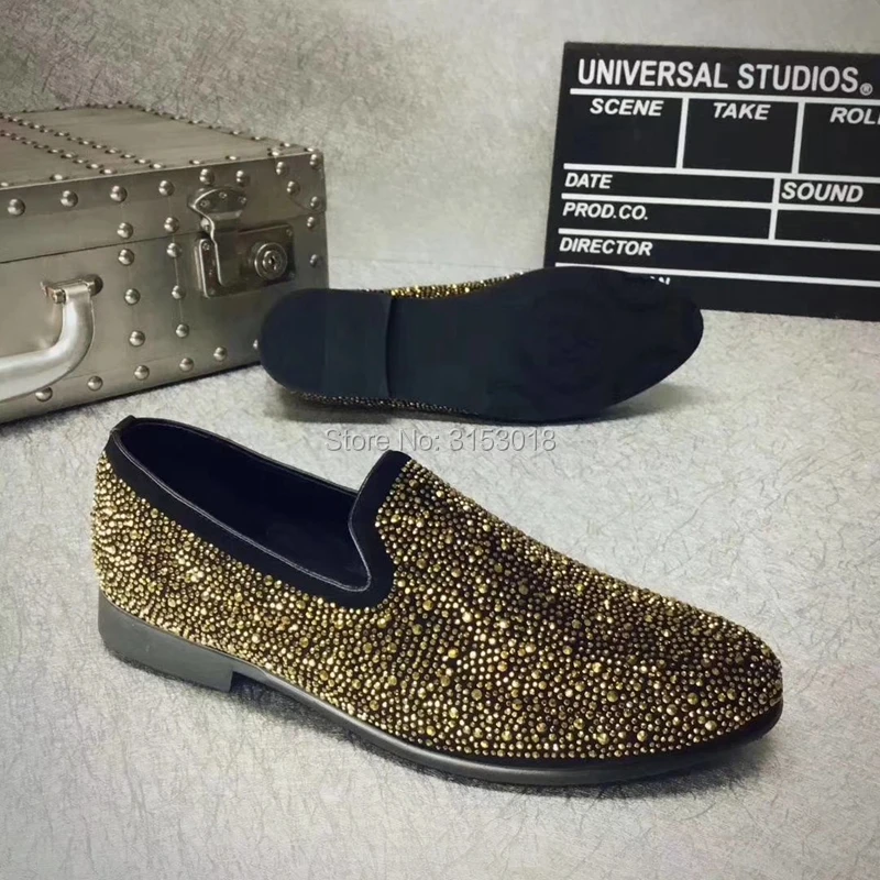 

New Arrival Golden Color Rhinestone Men Dress Shoes Pointed Toe Slip-On Party Wearing Heel Flat Male Shoes