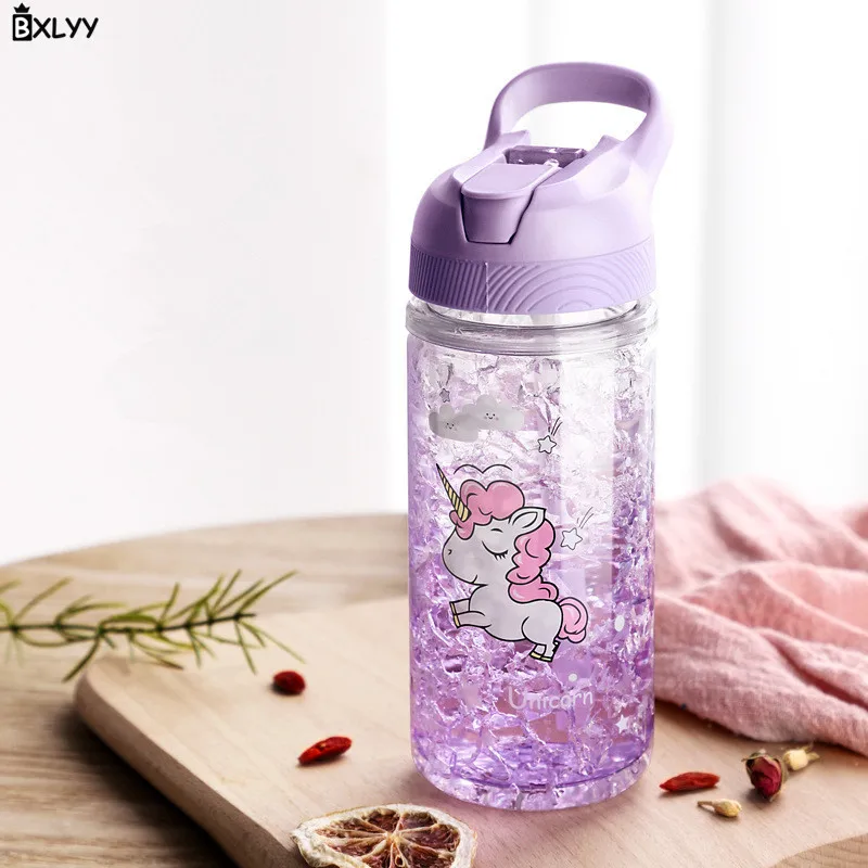 Фиолетовый BXLYY 1 шт. соломенная бутылка для воды с единорогом, 400 мл, мультяшная разбитая чашка для льда, портативная Питьевая машина для кухни, детский душ, подарок. 75z - Цвет: Фиолетовый