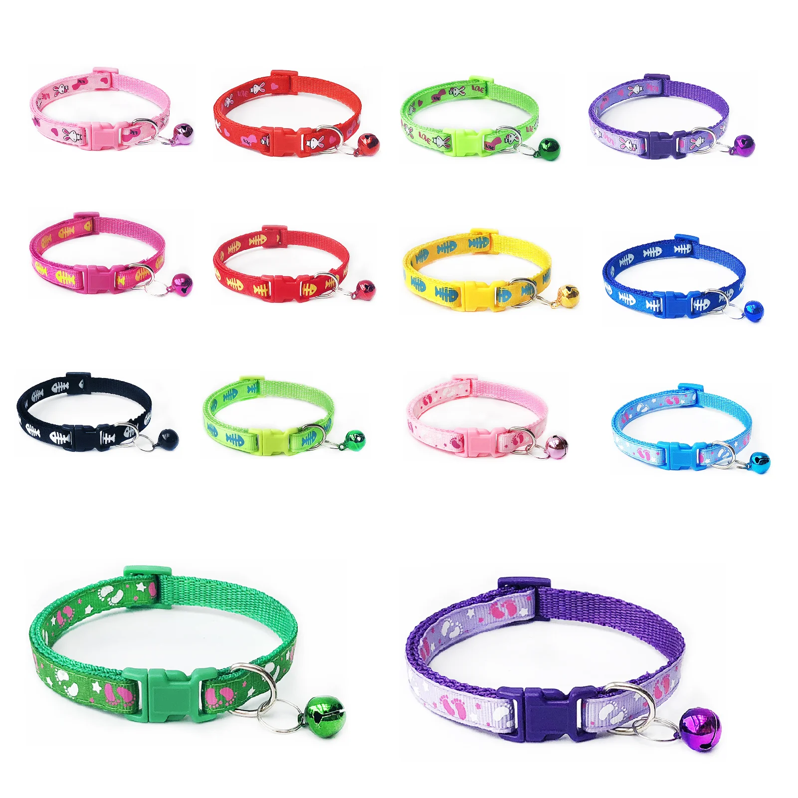 1pc Cartoon Dog Cat Collars With Bell Adjustable Polyester Buckle