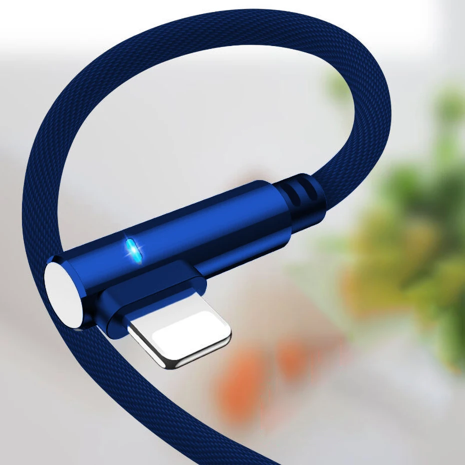Мини USB кабель для передачи данных для iPhone XR Xs Max 8 7 Plus 3A Быстрая зарядка светодиодный светильник 90 градусов локоть зарядное устройство кабель для передачи данных для мобильного телефона