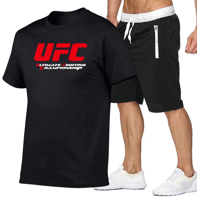 

UFC Lettered Short Sleeve T-shirt Shorts Set Men's Europe And America Large Size Trend Casual Couples Tops Pants Set
