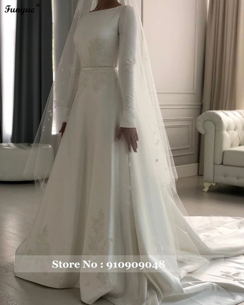 affordable wedding dresses Vestido De Novia 2021 Long Sleeves Muslim Bridal Wedding Gown with Veils Appliques Lace Satin A-line Simple Bride to be Dress ball gown wedding dress