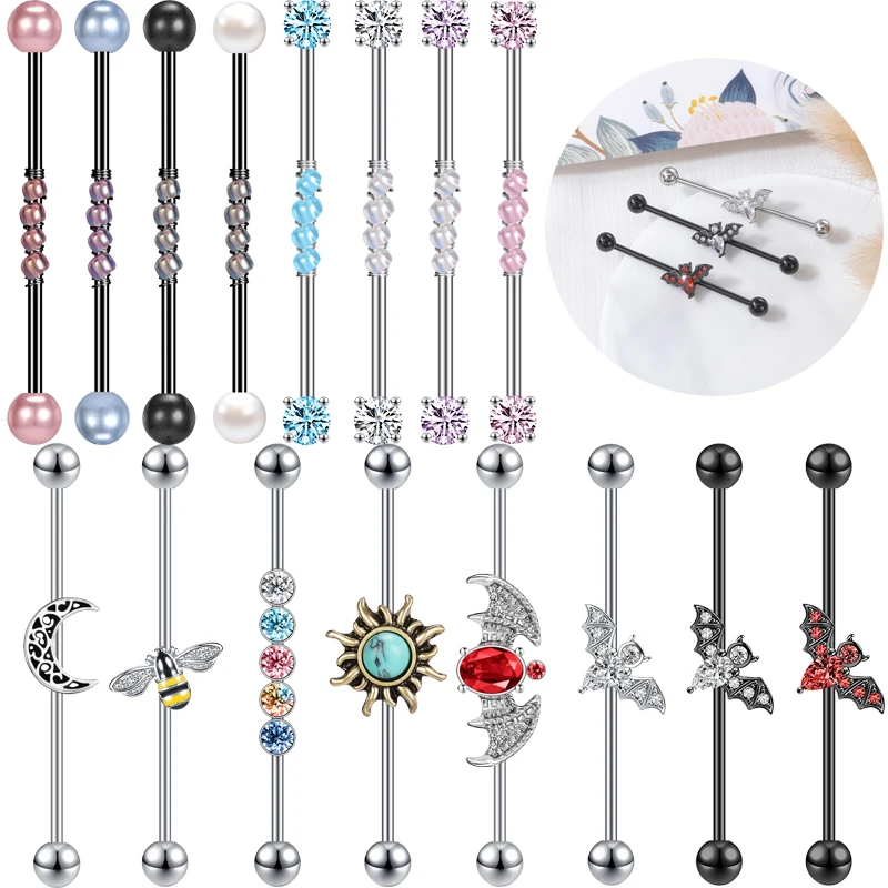 

AOEDEJ Bat Industrial Piercing Stainless Steel Bee Sun Industrial Earring Women Crystal Long Earring Bead Helix Earring Piercing