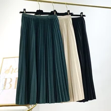 Винтажная Новая женская тонкая Осенняя Юбка-миди, Длинная зимняя плиссированная юбка, элегантная женская повседневная юбка до середины икры с высокой талией, трапециевидная юбка