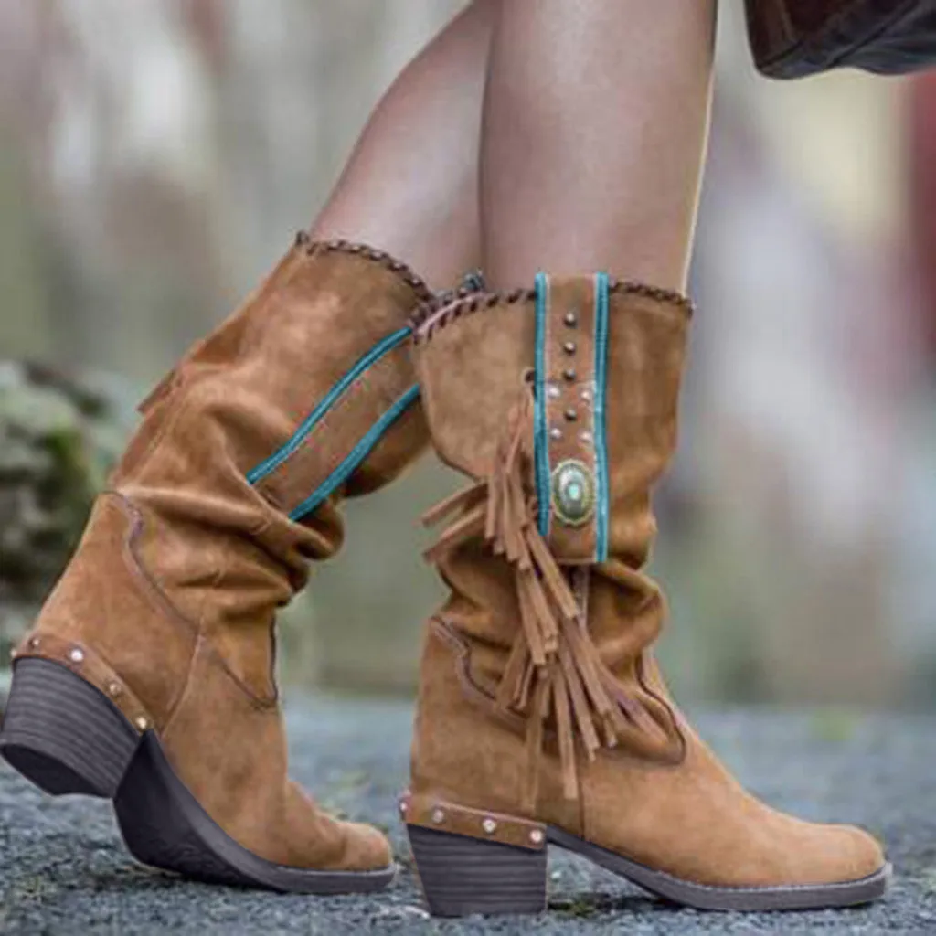 

WoMen Mid-calf Suede Brown Boots Women Retro Fringed Square Root Heels Sexy Ladies Casual Shoes Woman Bohemian Sleeve Boots