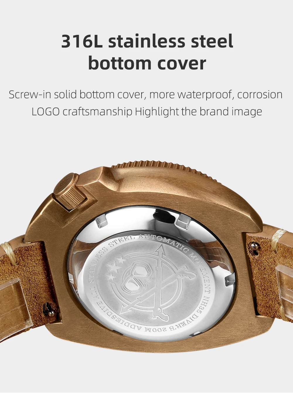 Addies Dive 2104 CUSN8 Men Bronze Watch Brown Leather Strap NH35 Automatic Watch Gold Polished Case 200m Diving Watches