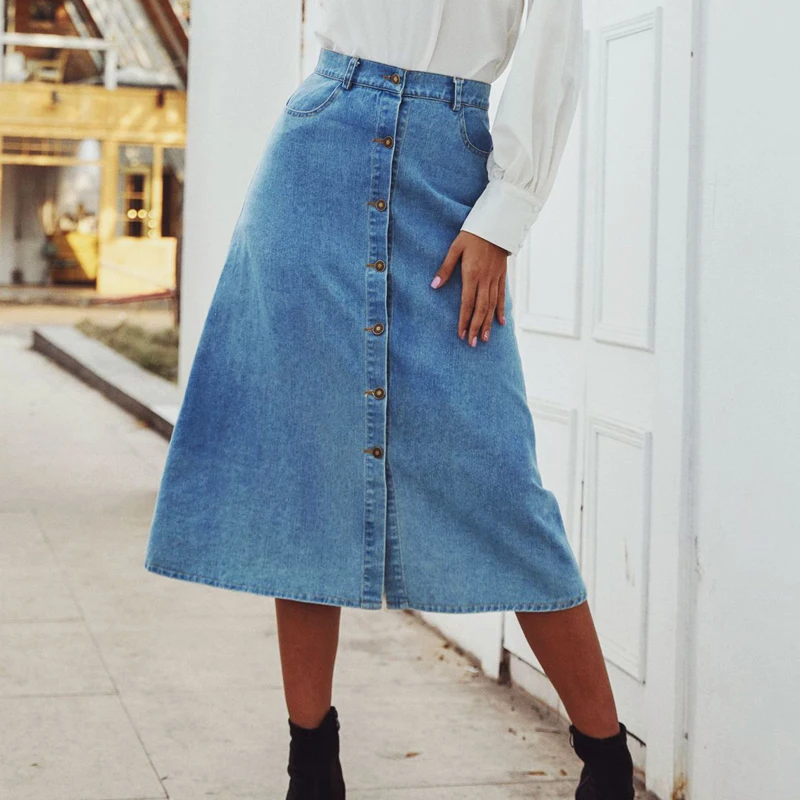 Летняя женская элегантная винтажная длинная юбка s Ретро джинсовая женская вымытая синяя джинсовая юбка с высокой талией женские юбки