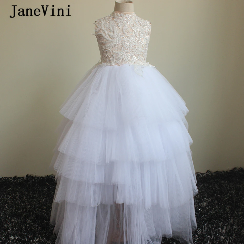 JaneVini/роскошное белое кружевное платье с цветочным узором для девочек, расшитое бисером; платье трапециевидной формы с высоким воротом без рукавов из каскадного тюля для девочек; платья для первого причастия