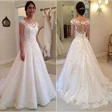 Свадебное платье трапециевидной формы с круглым вырезом и рукавами-крылышками и кружевной аппликацией на пуговице сзади; Восхитительное свадебное платье; Vestido de Noiva; свадебное платье невесты