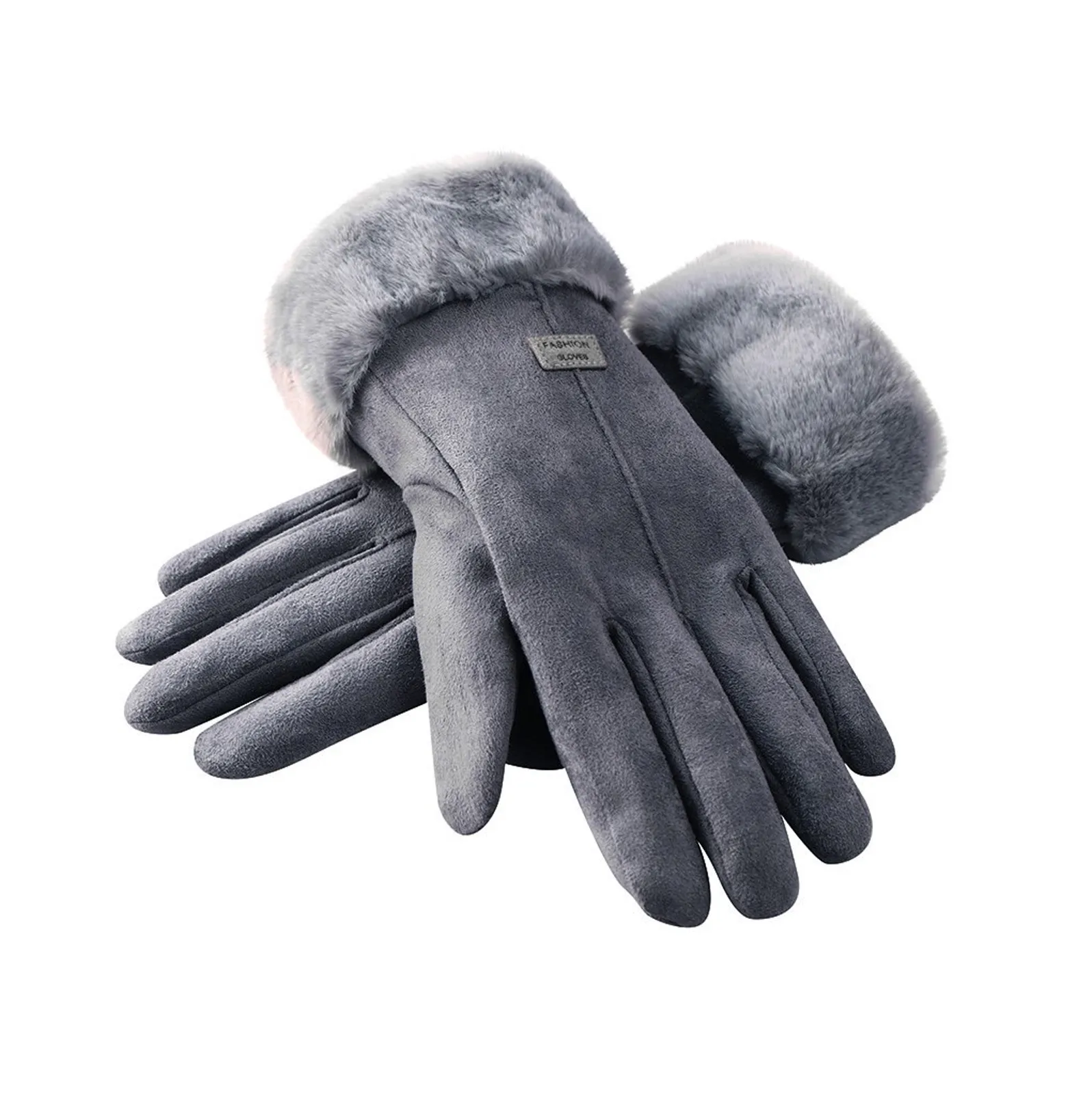 Women Touch Screen Leather Gloves Autumn Winter Warm Rabbit Fur Mittens Black 