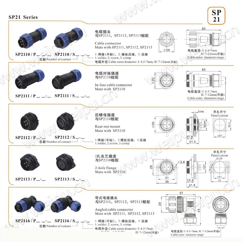 Разъем Weipu SP21 2 3 4 5 7 9 12 Pin IP68 штекер кабеля Женский 2-отверстие фланец разъем SP2110/P* SP2113/S