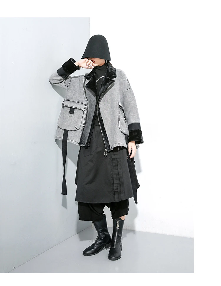 Корейский стиль, женская зимняя теплая куртка размера плюс, пальто с карманами и застежкой-молнией, бархатная подкладка, Женская винтажная серая куртка, верхняя одежда J208