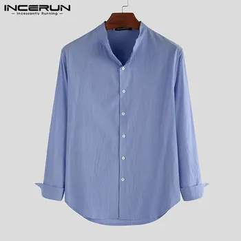 

INCERUN Men Dress Shirt Cotton Long Sleeve 2020 Solid Color Tops Stand Collar Business Social Shirts Men Fashion Casual Camisa