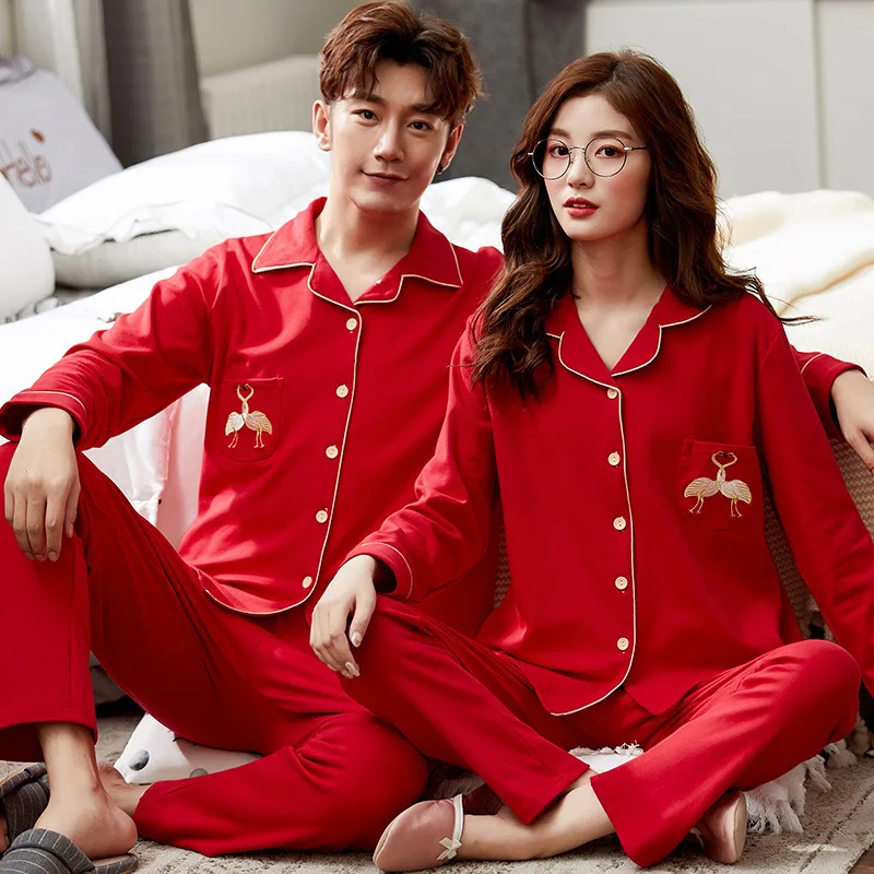 

Year of Fate Couples Pajamas Women's Spring And Autumn Marriage Wedding Red Festive Tracksuit Men Long Sleeve Pure Cotton Set
