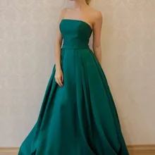 Простое выпускное бальное платье трапециевидной формы без бретелек со шлейфом темно-зеленые атласные вечерние платья без рукавов для выпускного вечера