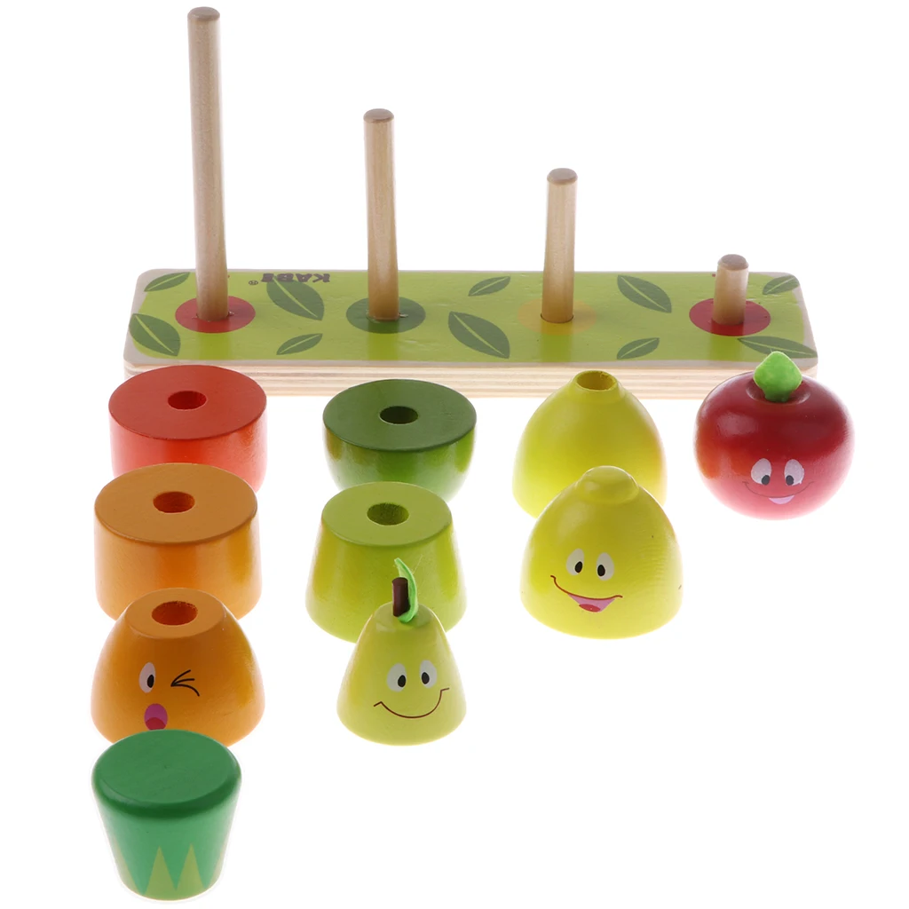 Cute Smiling Face Wooden Fruits Doll Stacking Game Building Blocks  Toy