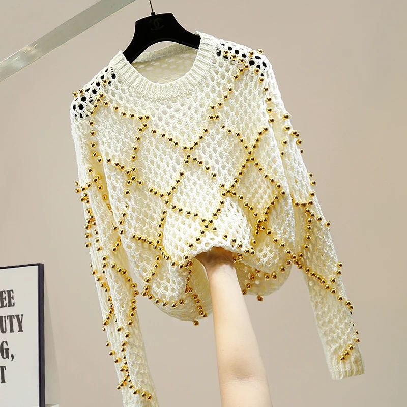Studded Hollow Sweater Women Large Pearl Beaded