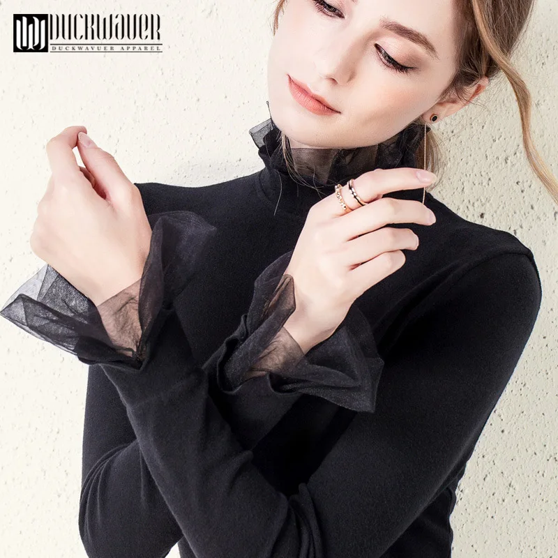 Black Sleeve Duckwaver, большой размер, эластичная приталенная женская футболка с высоким воротником и длинным рукавом, облегающие Женские топы, Осенние футболки - Цвет: Black Sleeve