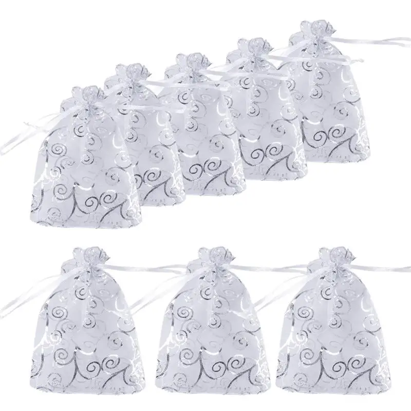 

50 Pcs Gift Bags Mini Rattan Pattern Sheer Drawstring Organza Decorative Candy Jewelry Bags For Christmas Wedding Party