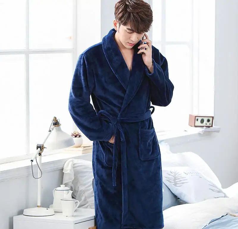 Winter Men's Bathrobe Nightgow Thick Warm Coral Fleece Bath Robe Mens Kimono Dressing Gown Male Homewear Sleepwear Nightwear - Цвет: 006